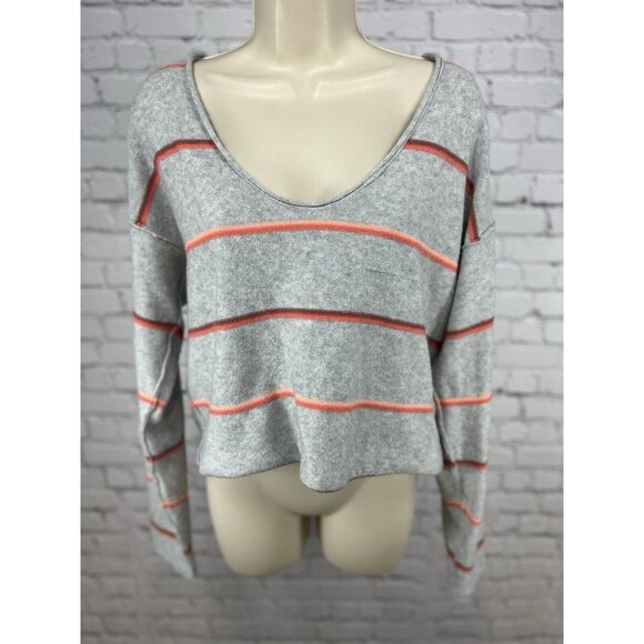Free People Grey Pink Striped Oversized Off The Shoulder Cropped Sweater S *hole - Picture 1 of 11